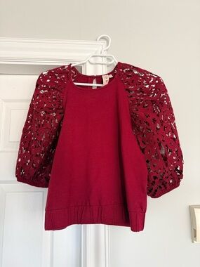 Anthropologie raspberry crochet sleeve top